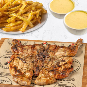 Κοτόπουλο Σχάρας + Μερίδα Πατάτες + 2 Dip Σως Μουστάρδας 